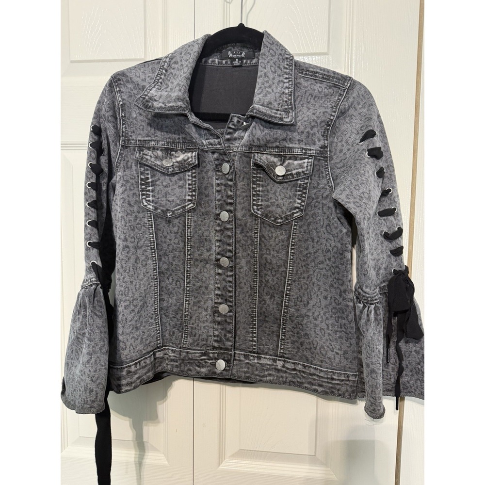 Azi Jean Jacket Women's Black Leopard Print Size Small